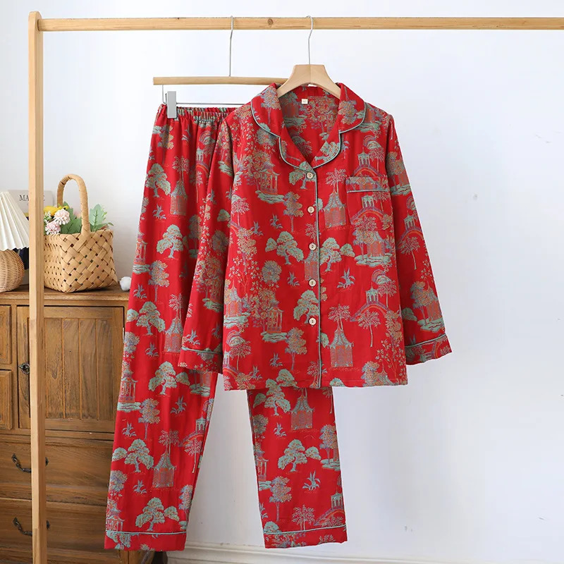 Spring and Autumn Womens Pajama Set 100 Cotton Retro Color Woven Home Clothes Long Sleeve Pants Two Piece 251231