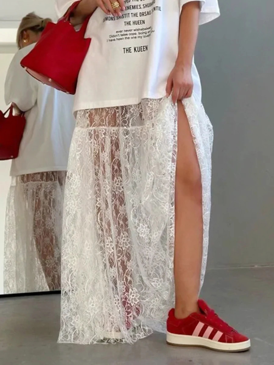 Lace Jacquard Transperant Skirt Women Summer High Waist Sexy Casual Long Skirts Streetwear Fashion White Maxi 251231