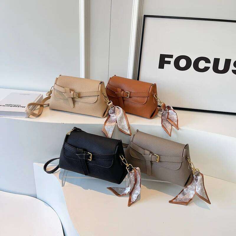 Fashion Women Soft PU Leather Lychee Pattern Cross Body Bags Retro Belt Buckle Flap Shoulder Bag With Scarf Decored JINXIANGGUO TOTE