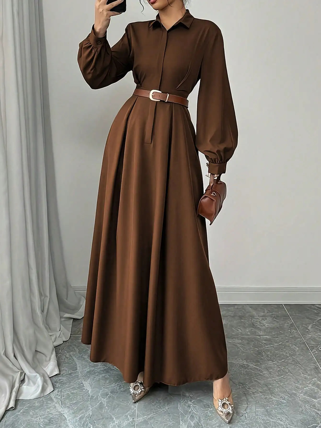 Womens Elegant Long Lantern Sleeve Office Dress Fashion Pleated ALine Maxi Dresses Autumn Casual Shirt Vestidos 251231