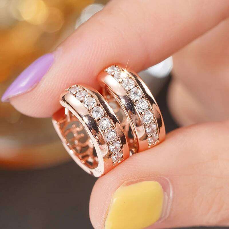 Huitan New Rose Gold Color Hoop with One Line CZ Temperament Women's Circle Earrings Hollow Pattern Statement Jewelry