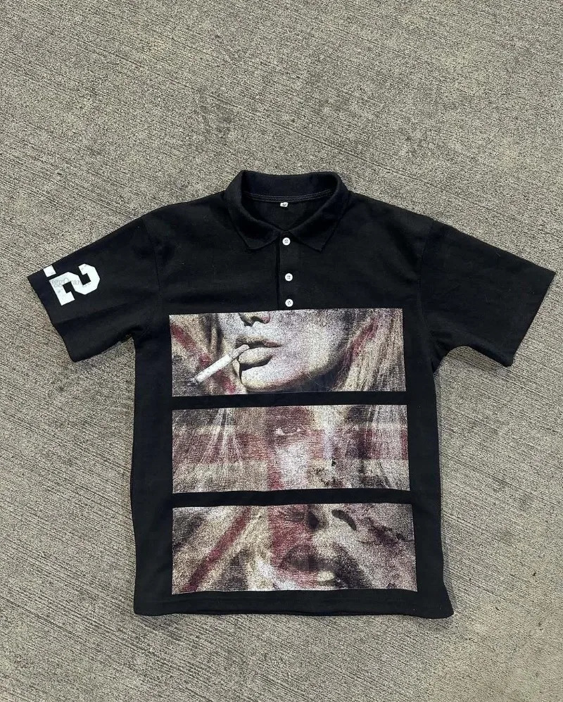 Summer Retro Streetwear Oversized Cotton Lapel T-shirt Men Y2K Hip-hop Harajuku Rock Gothic Trendy Vintage Top Polo Shirt 251230