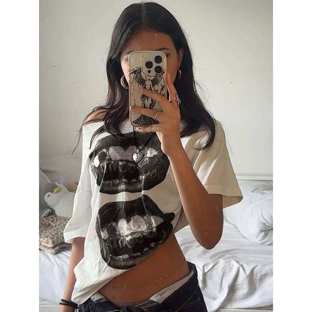 American Street Hip Hop Mouth Print Loose T-shirt Women Personalized Casual Top