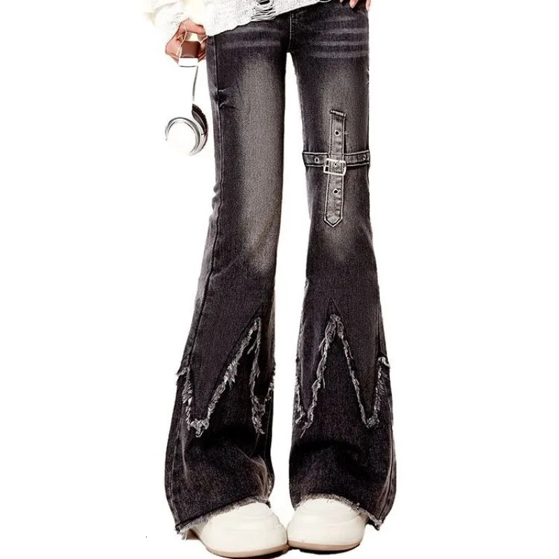 Black Washed Vintage American Street Spice Girls Y2k Long Pants Women Trendy Versatile Slim Fit High Waisted Flared Jeans 251231