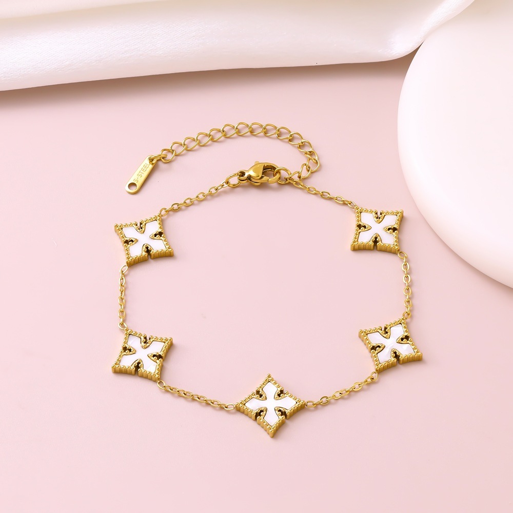 Luxury Brand Designer Jewelry Stainless Steel Single-Sided Heart-Shaped Rhombus Four-Corner Mother-Of-Pearl Bracelet Light Luxury High-End Exquisite F