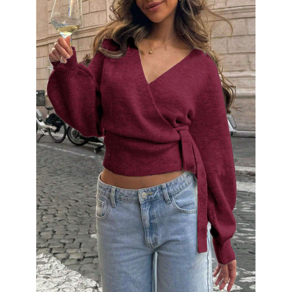 European and American Style Cross V-Neck Knitted Base Shirt Autumn Winter Irregular Tie Elegant Short Top for Women