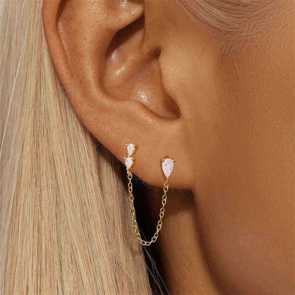 Aide 925 Sterling Silver Single 1pc Crystal Tassel Piercing Earring For Women Shiny Rhinestone Chain Cartilage Stud Jewelry