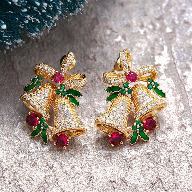 Huitan Gorgeous Bell Stud Earrings Women for Merry Christmas Full Bling Iced Out Cubic Zirconia Unique Trendy Jewelry