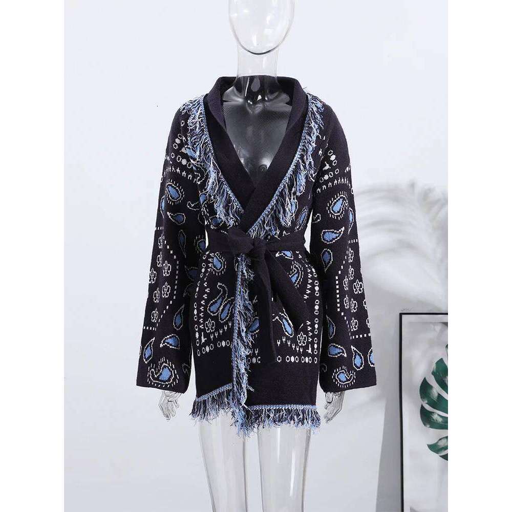 Vintage Tassels Women's Print Cardigan V-Neck Lace Up Full Sleeve Spliced Sweaters Autumn Lady All-Match Kintwears