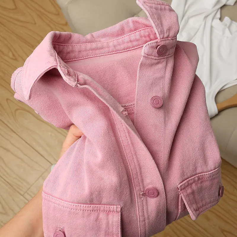 Women Pink Jeans Jacket Oversized Korean Style Single Breasted Chic Denim Coats Spring Autumn Cowboy Jackets Outwear 251231