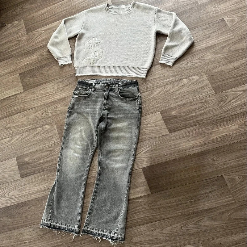 2 pcs Set Y2K Autumn Winter Retro Knitted Sweater Jeans Suit Trendy Hip Hop Dollar Embroidery Streetwear Unisex Baggy 251230