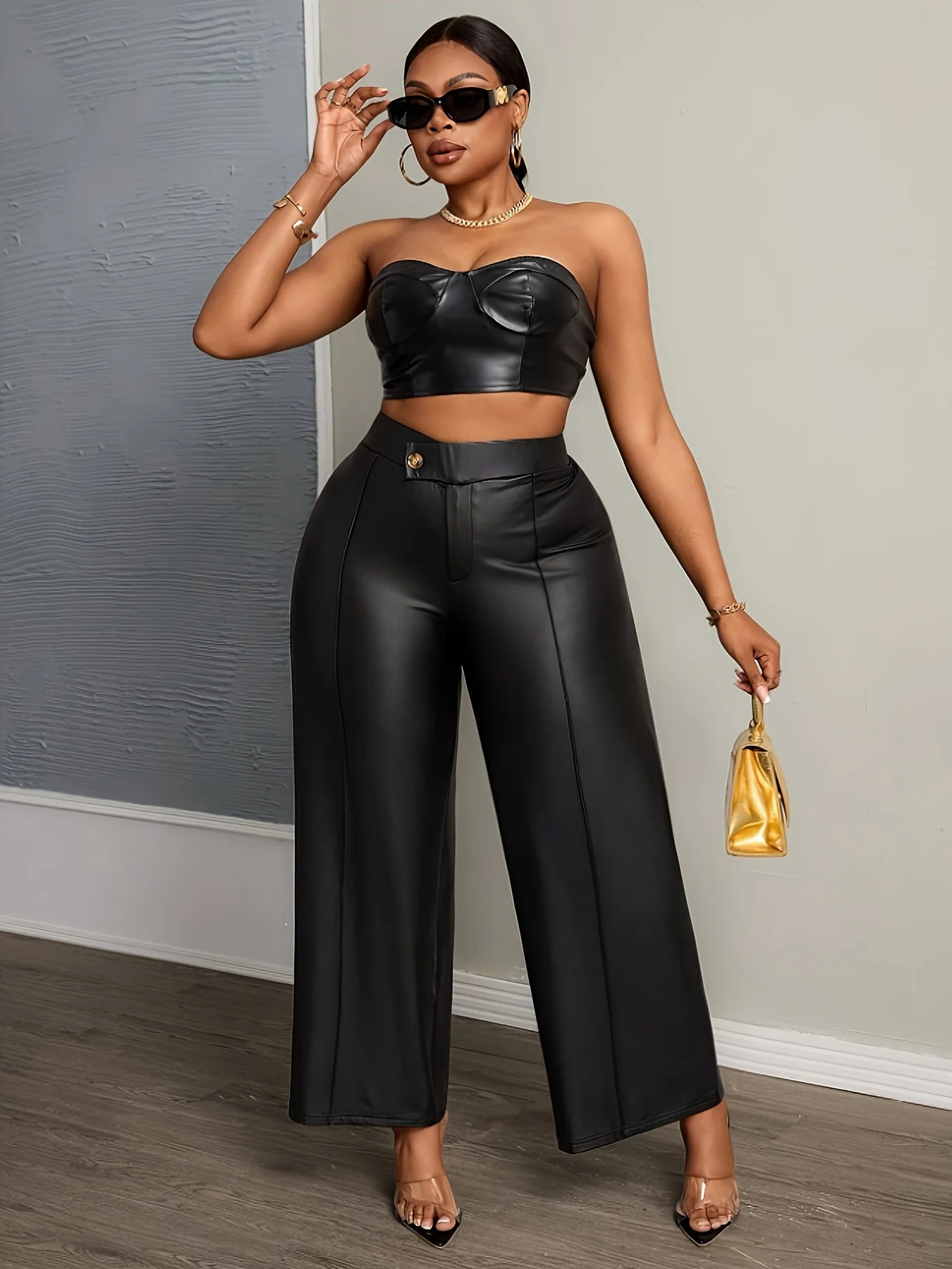 Plus size vintage cool pants black PU leather wideleg trousers highwaisted buttoned to slim and show long legs 251231