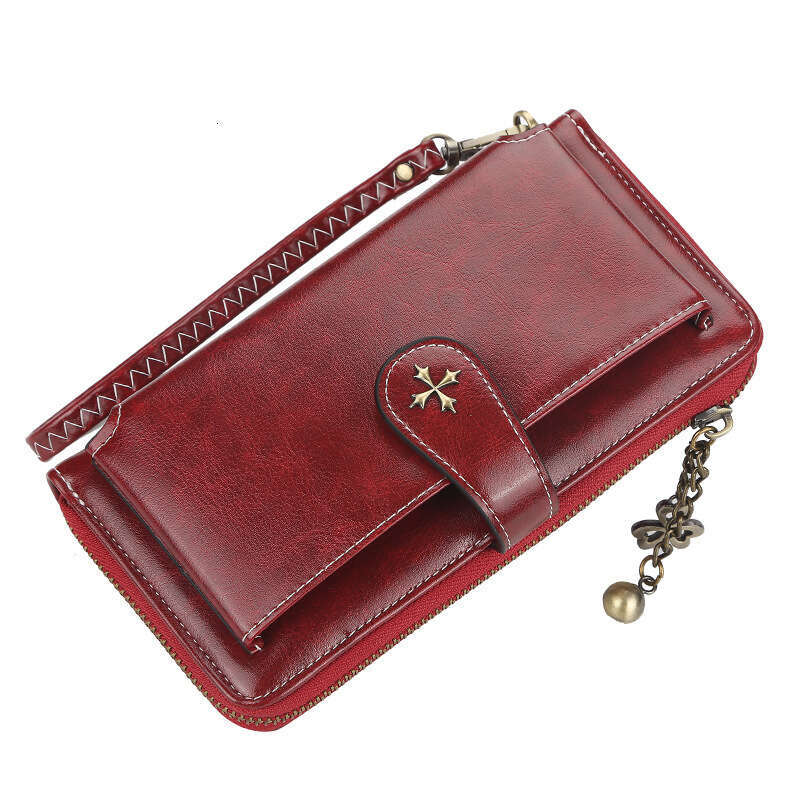 Women's Long Wallet Baellerry European and American Style Buckle Oil Wax Leather Handbag Large Capacity Vintage Phone Bag Hot Item