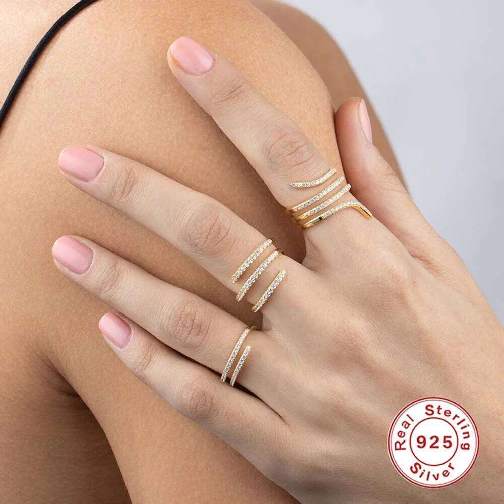 Aide 925 Sterling Silver Double Layers Sparkling CZ Zircon Pave Adjustable Rings For Women Luxurious Versatile Stackable Ring