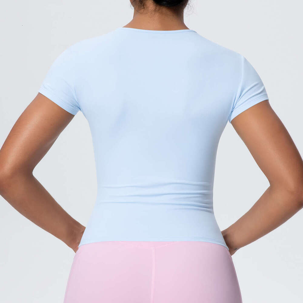 Cross-Border New Sports Nude Waist Slimming Short-Sleeved Breathable Yoga Wear T-Shirt Running Training Fitness Top Women