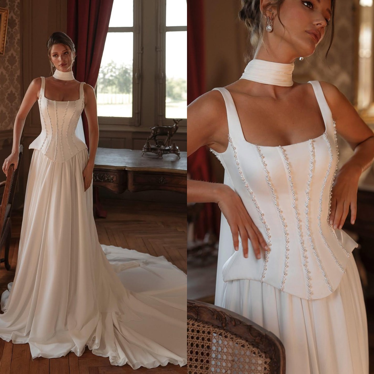 Simple A Line Wedding Dress For Women Square Neck Sleeveless Bridal Gown Pearls Sweep Train Dresses Custom Made vestidos de novia