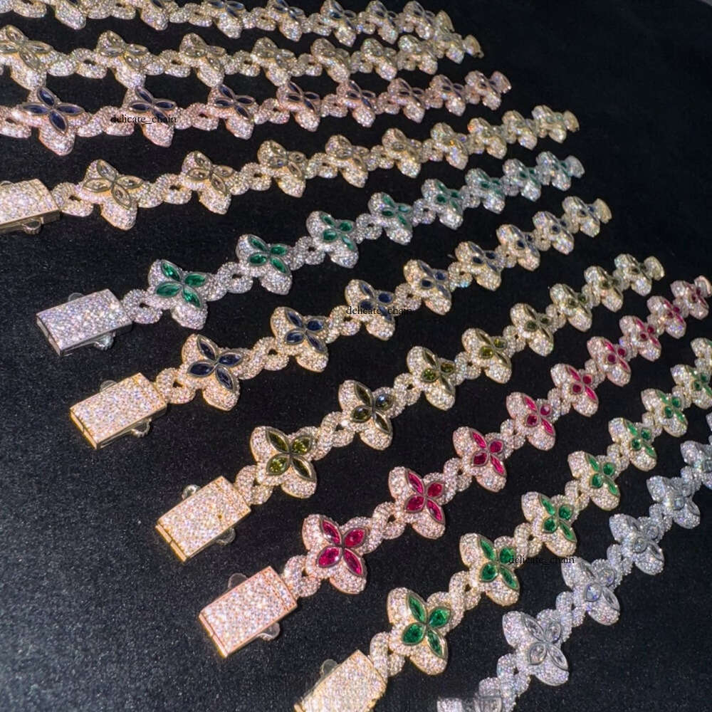 VVS Moissanite Hot Sale 15mm 925 Sterling Silver Clover Iced Hip Hop Infinity Colorful Mosaic Stone Cuban Bracelet