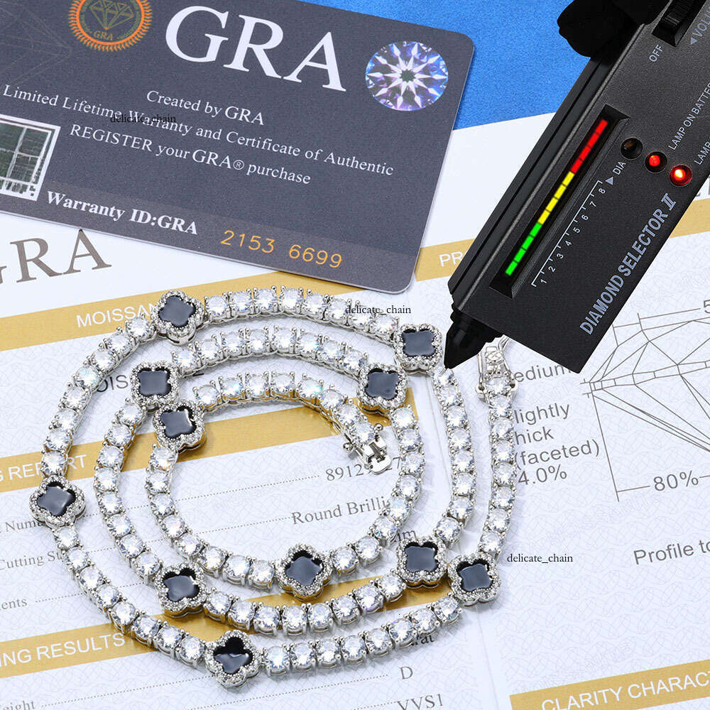 VVS Moissanite Women's Exquisite S925 Silver Silicon Stone Custom Chain 4mm Clover Necklace Fashion Hip-Hop Style Gift