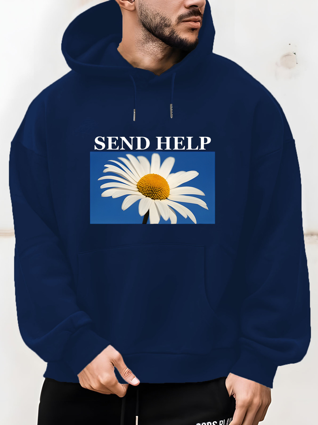 Men'S "SEND HELP" Graphic - Soft Polyester Blend, Long Sleeve Pullover with Front Pocket, Blue Daisy Print, Ideal for Fall & Winter, Ca