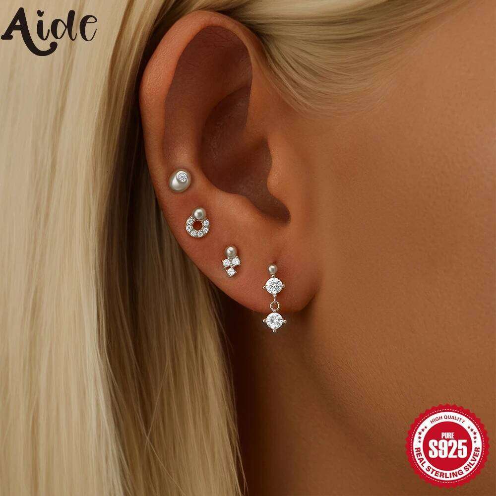 Aide 925 Sterling Silver 4pcs Zircon Stud Earrings Set for Women DIY Handmake Piercing Cartilage Women's Ear Studs Jewelry