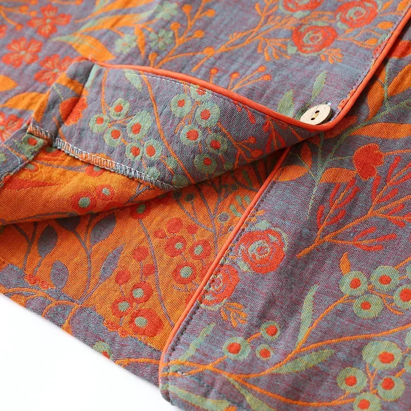 est Retro Style Cotton YarnDyed Leaf Printed LongSleeved Long Trousers Cardigan Womens Home Wear TwoPiece Pyjama Set 251231