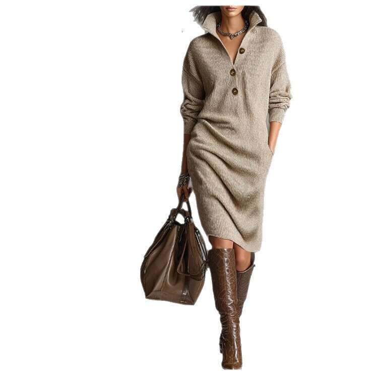 2026 Independent Station European and American New Autumn Casual Button Turn-Down Collar Loose Straight Knitted Mid-Length Sweater Dress