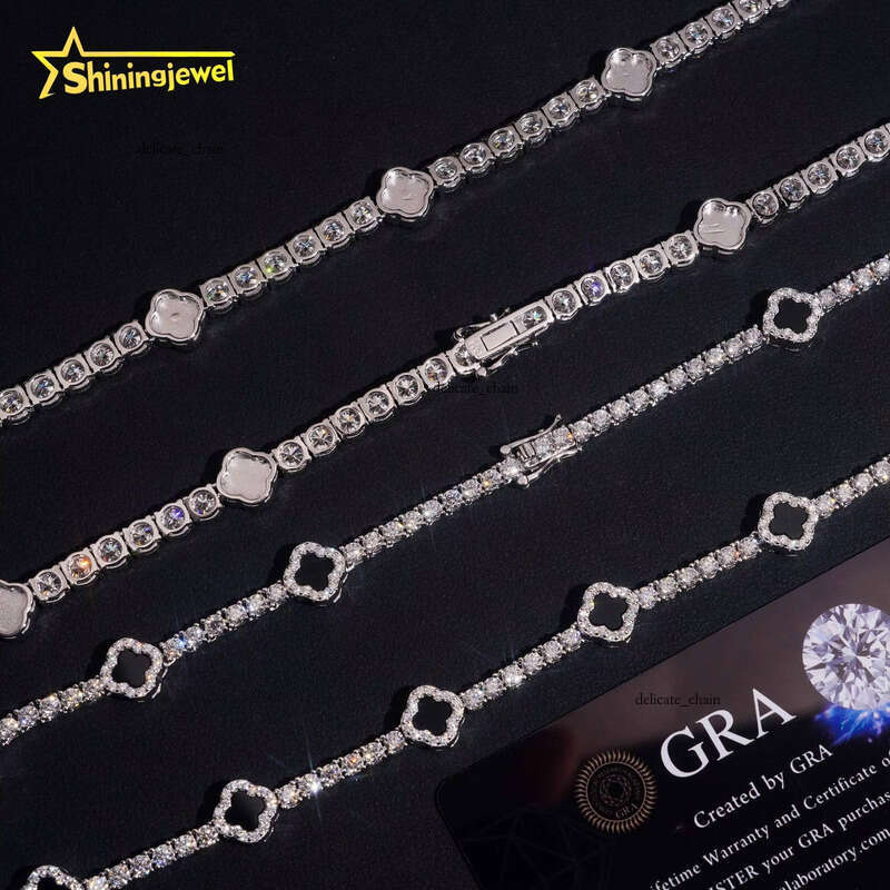 VVS Moissanite In Stock 3mm 5mm Black Onyx Clover Necklace Bracelet Tennis Chain Chalcedony 925 Sterling Silver