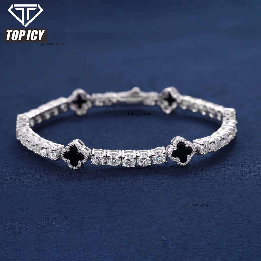 Hot Sale Design Black Clover Chain Luxury VVS D Moissanite 925 Sterling Silver Tennis Bracelet 4mm Hip Hop Jewelry