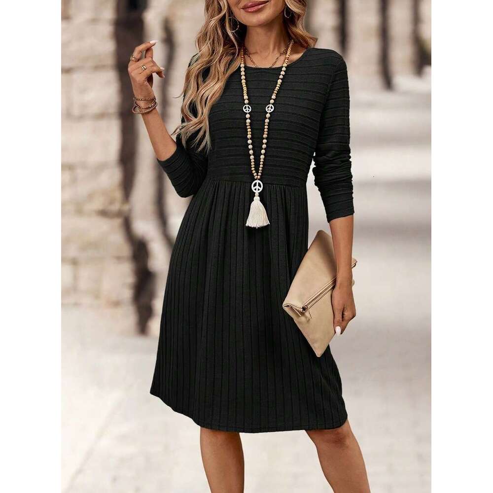 2026 Cross-border European and American Autumn Winter Women's Fashion Solid Color Round Neck Long Sleeve Casual Dress