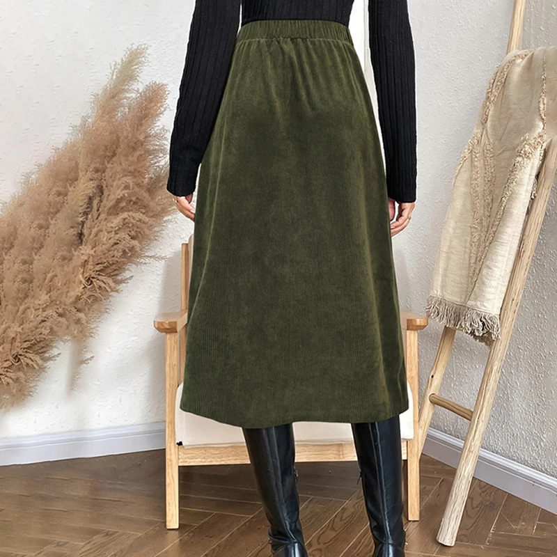 Vintage Green High Waist Midi Skirt Women Button Up Pocket ALine Long Skirts Autumn Winter Ladies Casual Streetwear Jupe Femme 251231