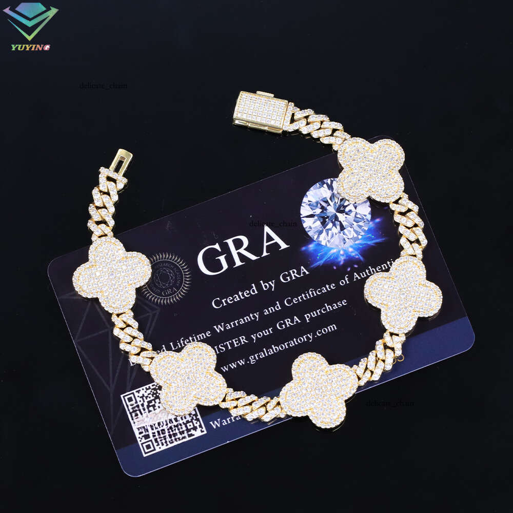 925 Silver Gold Plated Clover VVS Moissanite Silicon Stone Bracelet New Design Cuban Men and Women Hip Hop Style Chain
