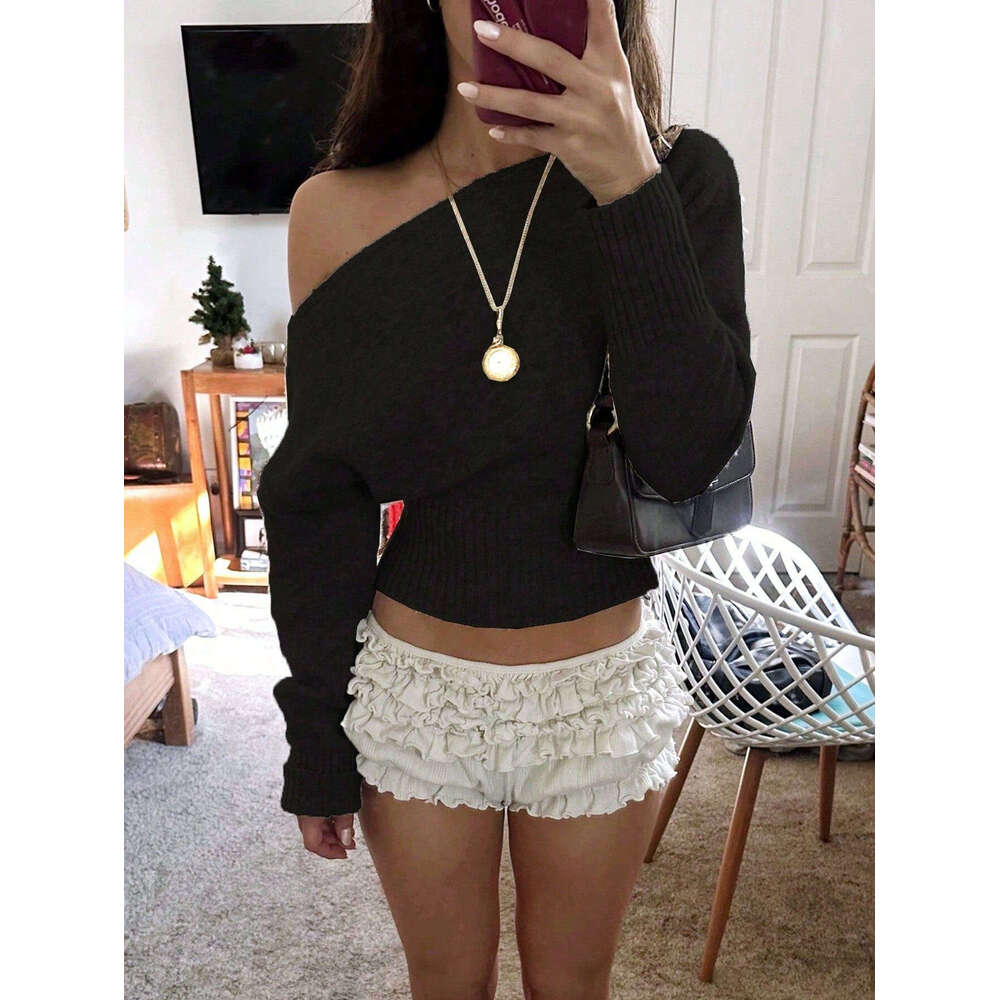 Lazy Style Loose Off-Shoulder Design Knitted Top Women's Autumn Winter New High-Waisted Slimming Sweater One-Piece Dropshipping