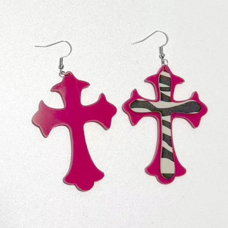 Y2K Jewelry Pink Zebra Print Cross Drop Earrings for Women Punk 90s Aesthetic Goth Leopard Print Fashion Earrings Goth Cool 251230