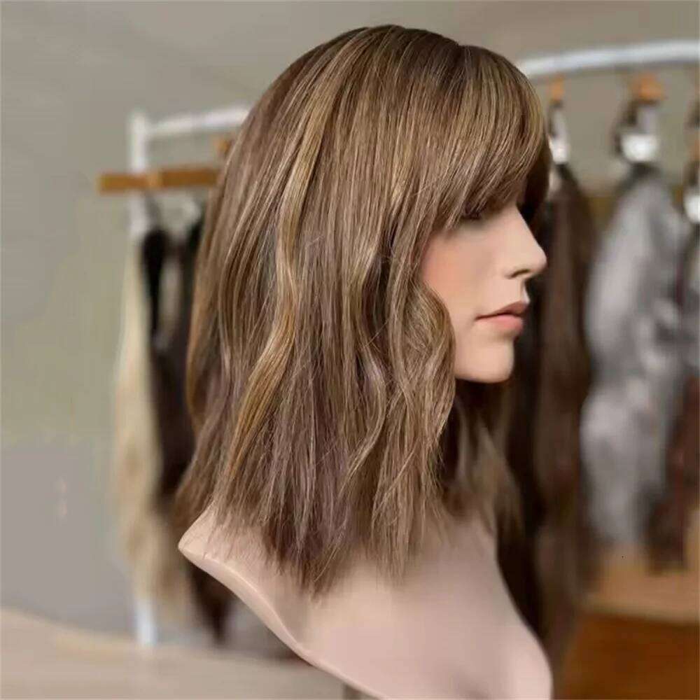 Chocolate Brown with Bangs Caramel Blonde Highlights 13x4 Lace Front Wigs Synthetic Glueless Wig Natural Wave Realistic