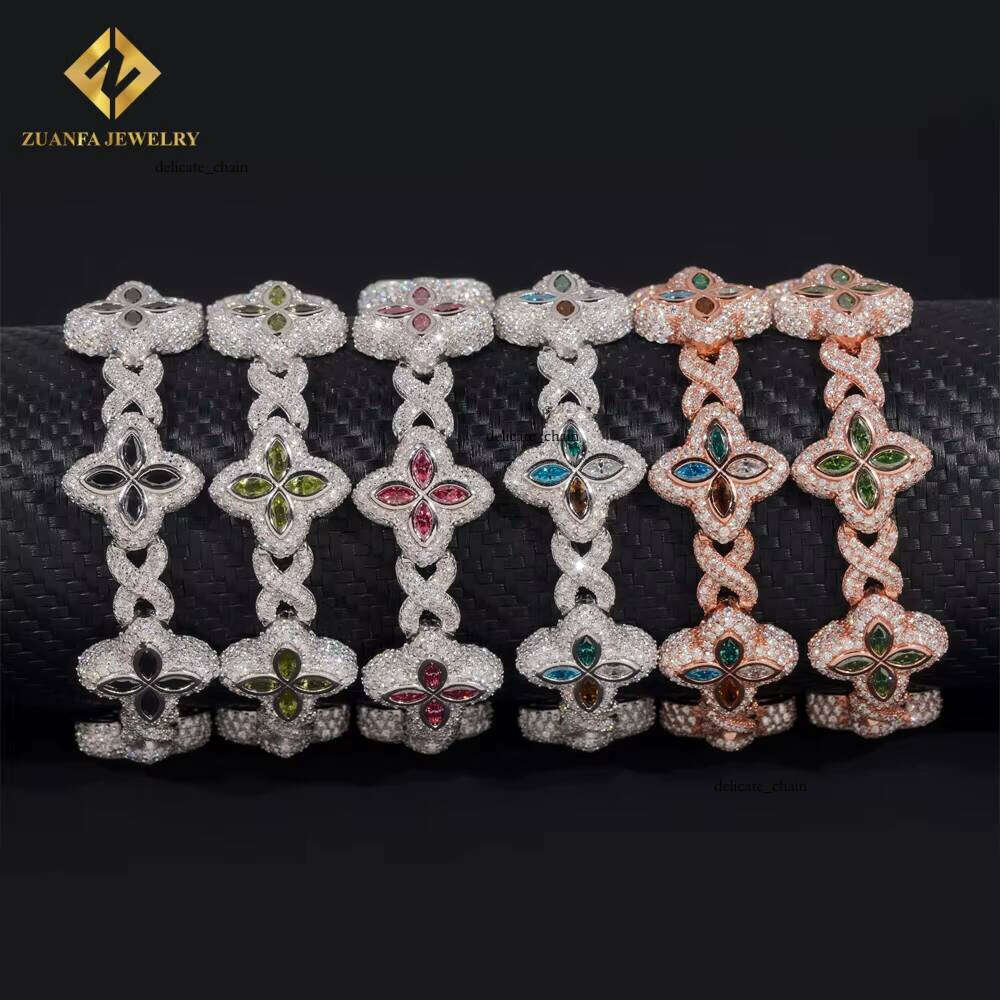 18mm High-Quality Multicolor Marquise VVS Moissanite 925 Silver Jewelry Iced VVS Silicon Stone Lucky Four-Leaf Clover Cuban Bracelet