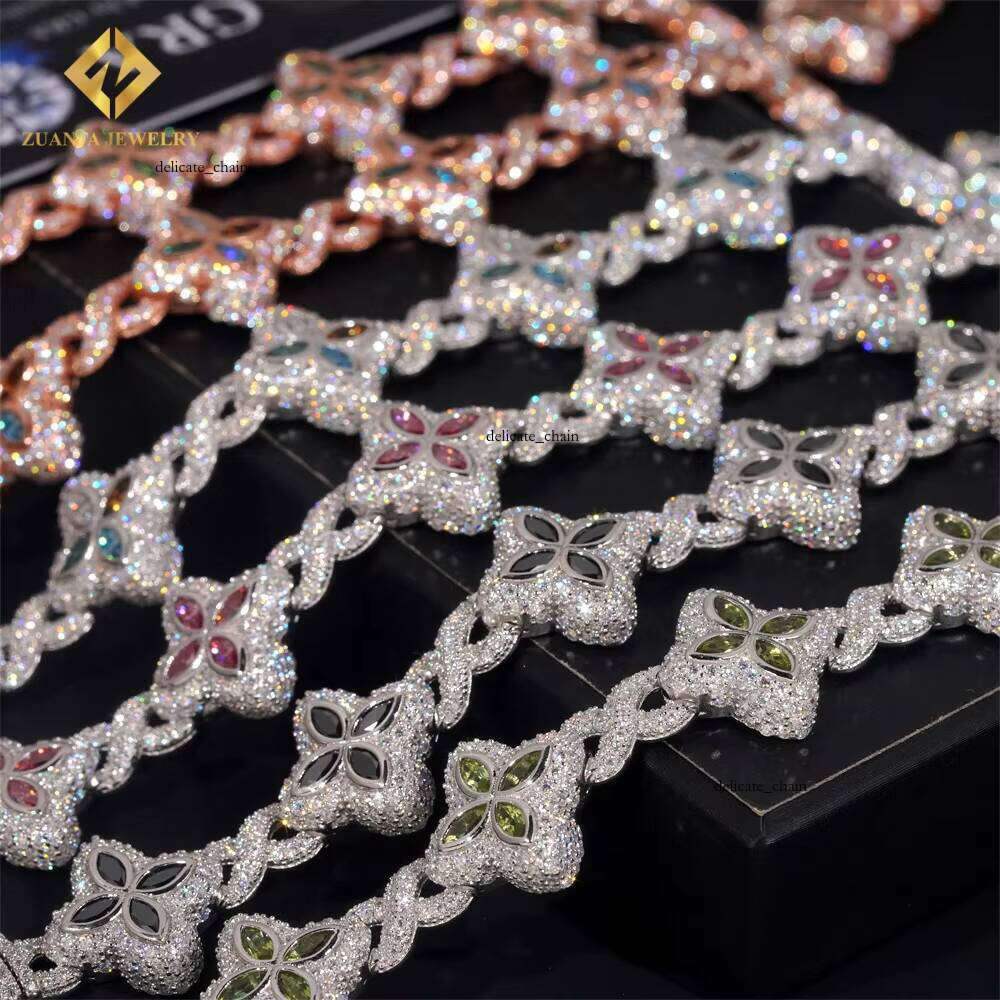 18mm High-Quality Multicolor Marquise VVS Moissanite 925 Silver Jewelry Iced VVS Silicon Stone Lucky Four-Leaf Clover Cuban Bracelet