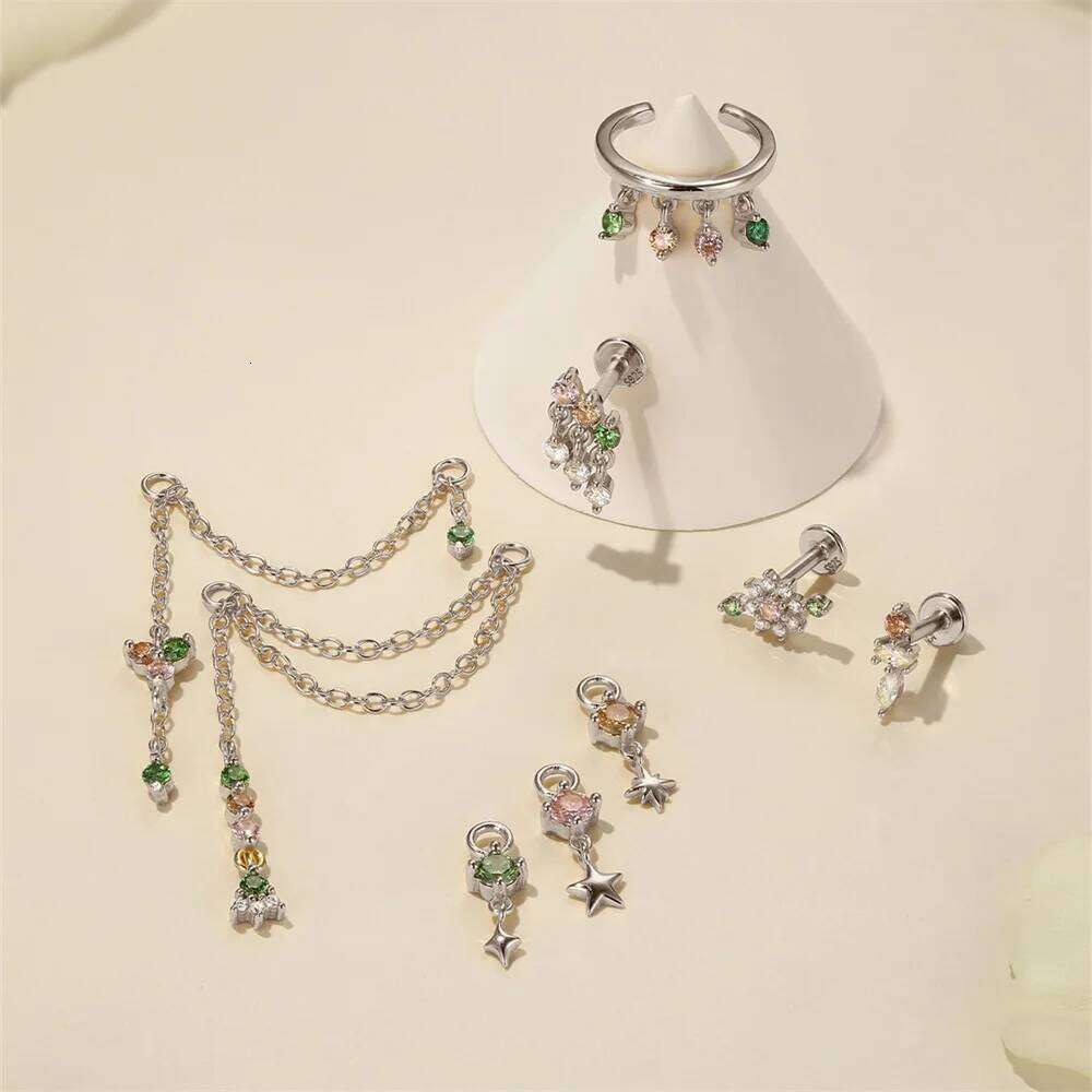 Aide 925 Sterling Silver Geometric Colors Zircon Piercing Earrings For Women Agate Amethyst Threaded Puncture Ear Bone Ins Gift