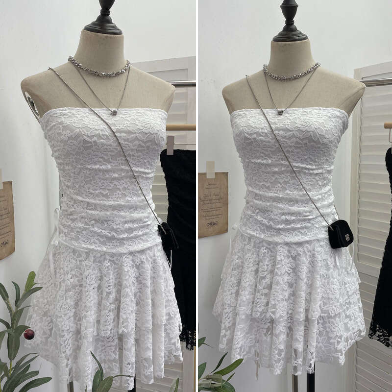 Real Shot Vintage Lace Patchwork Waist-Cinching Strapless Sexy Collarbone-Exposing Tiered Petite Short Dress 1272