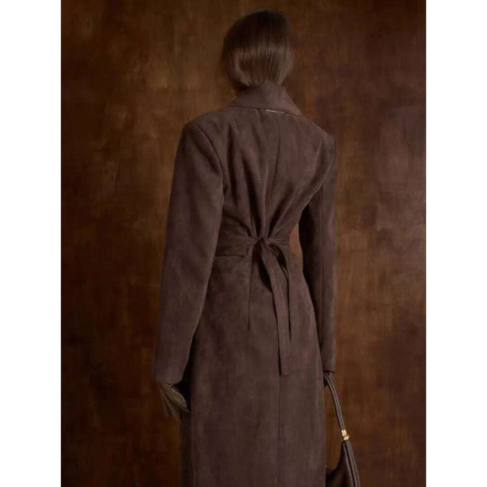 Elegant Women's Belted Long Coat Faux Suede Self-Tie Waist Jacket Formal Chic Maxi Overcoat Outerwear Vintage High Street Outfit