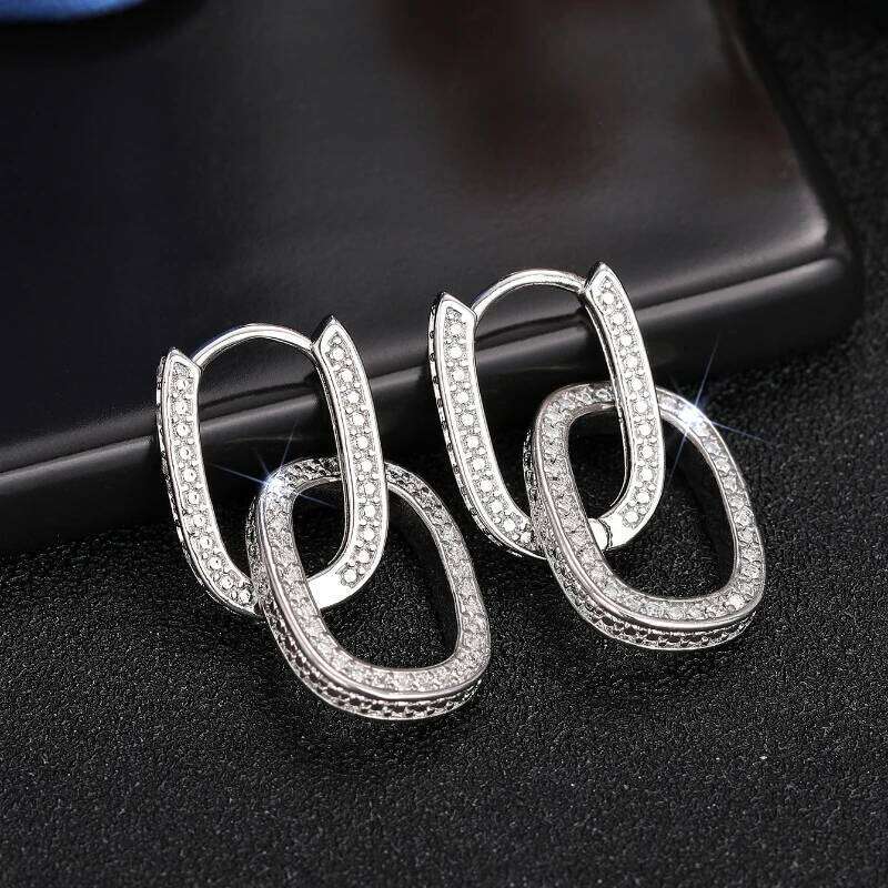 Huitan Geometric Oval Double Hoop Drop Earrings Lady Modern Fashion Jewelry with Bright Zirconia Trendy Accessories Gift