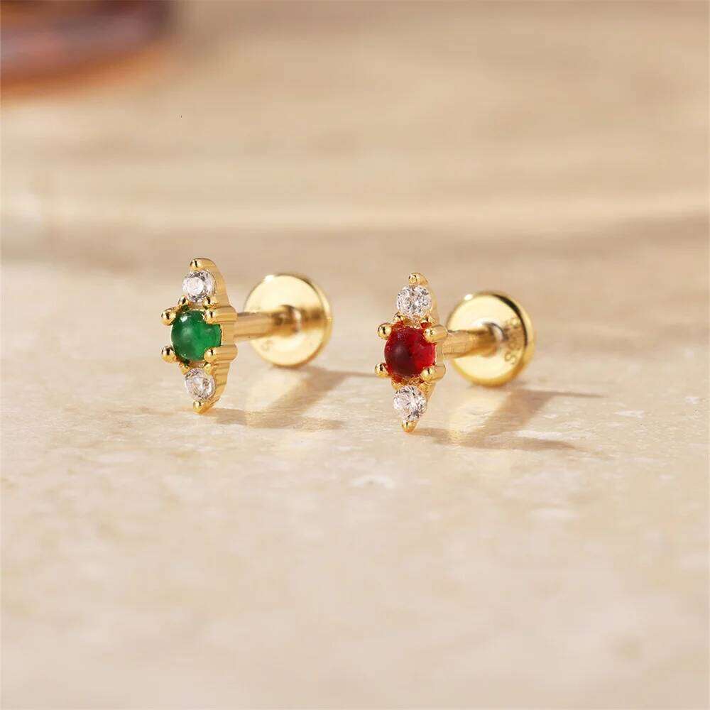 Aide 1PC 925 Sterling Silver 18K Gold Threaded Piercing Earring Women Ins Green Red Colors Zircon Ear Bone Nail Gift Jewelry
