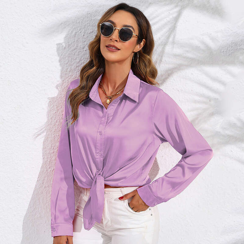 2026 Spring Autumn Hot-Selling Real Shot European and American Cross-Border Women's Solid Color Satin Long Sleeve Blouse