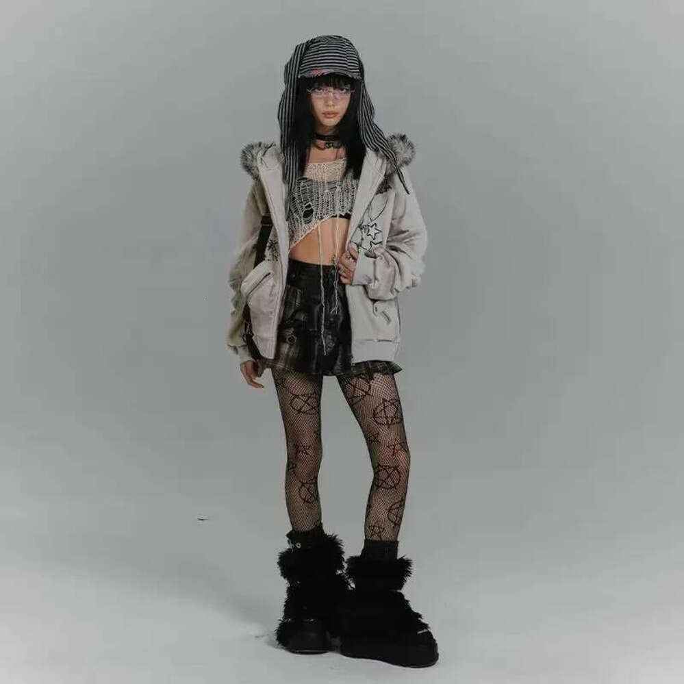 Zhehan American Retro Hoodie Women Gothic Simple Print Rabbit Ears Zipper Hooded Fur Collar Sweatshirt Fashionable Harajuku Jacket Tops