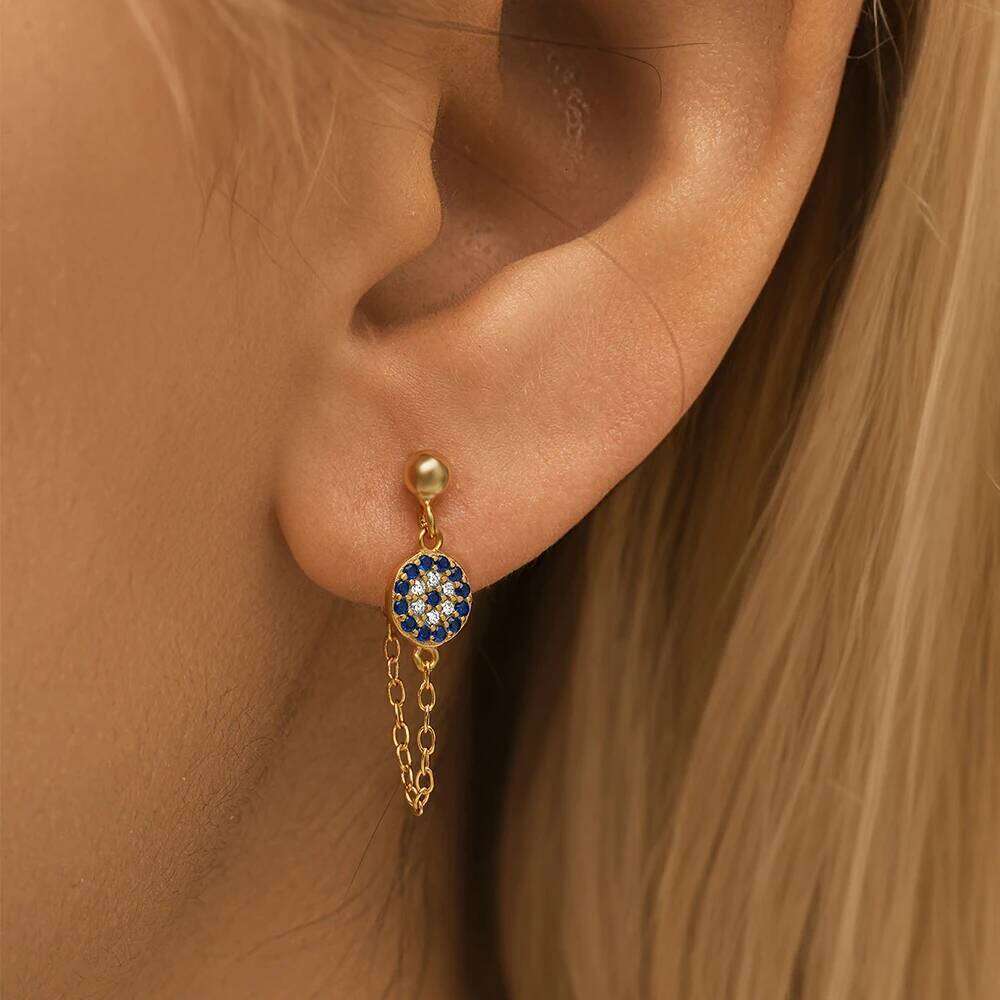 Aide Turkey Evil Eye Stud For Women Zircon Crystal Jewelry 925 Sterling Silver Punk Vintage Chain Earrings Female Gift