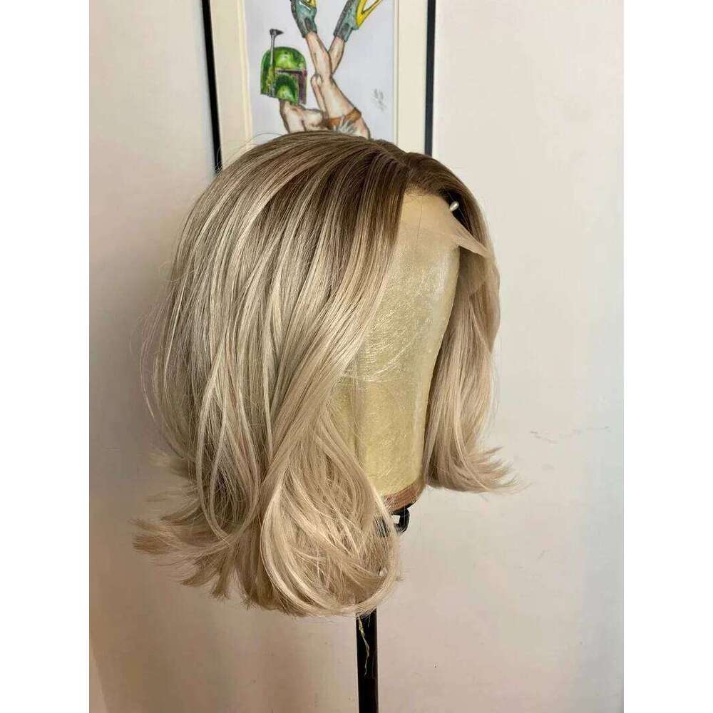 Rooted Synthetic Lace Frontal Highlight Light Blonde Natural Wave Transparent Pre Plucked Heat Resistant Fiber Wig for Women