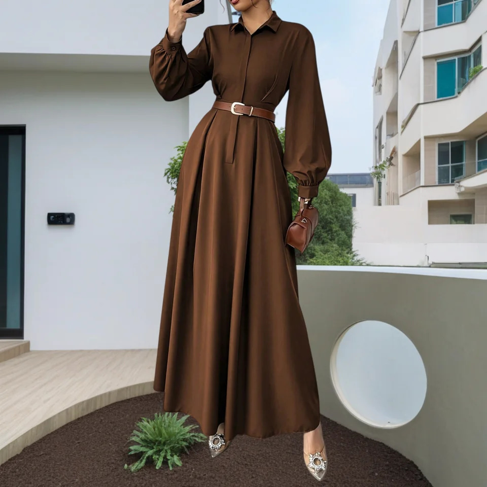 Womens Elegant Long Lantern Sleeve Office Dress Fashion Pleated ALine Maxi Dresses Autumn Casual Shirt Vestidos 251231