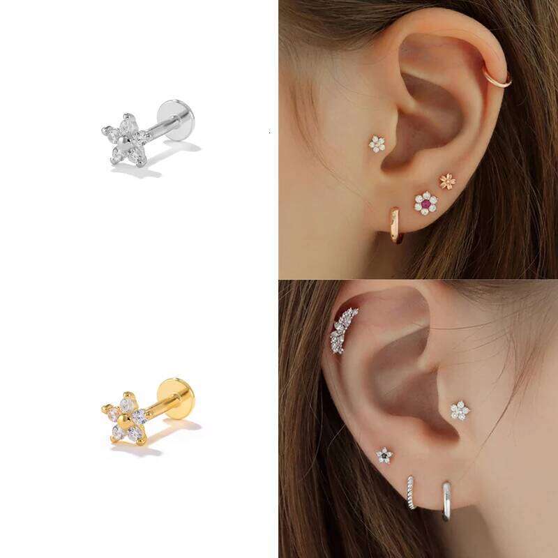 Aide 925 Sterling Silver Zircon Star Flower Tragus Helix Piercing Earrings Women Labret Lip Ring Cartilage Stud Punk Jewelry 1PC