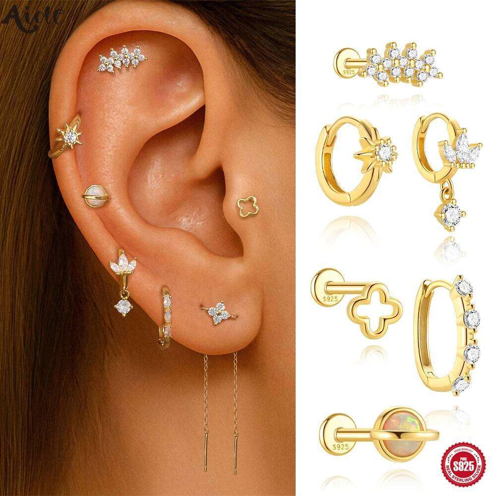 Aide 1PC Octagonal Star Moon CZ 925 Sterling Silver Flat Head Piercing Ear Bone Nail For Women Xmas Geometric Stud Earring