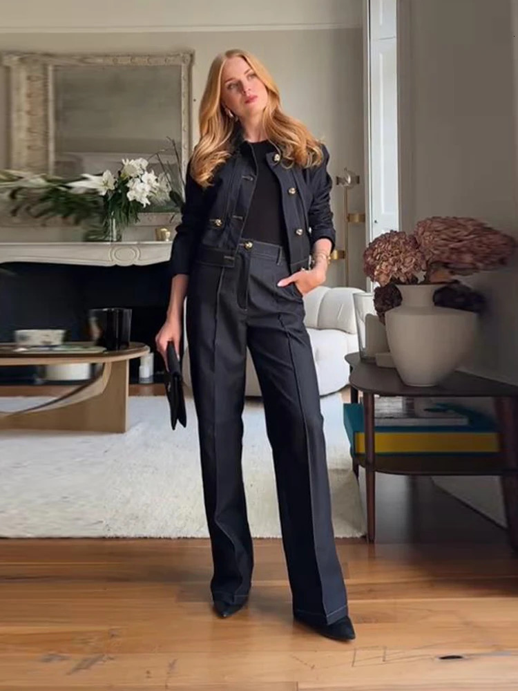 Chic Coat Pants Womens Set Turndown Collar Single Breasted Top Slim Trousers Female Sets Autumn Fashion Commute Lady Suit 251231