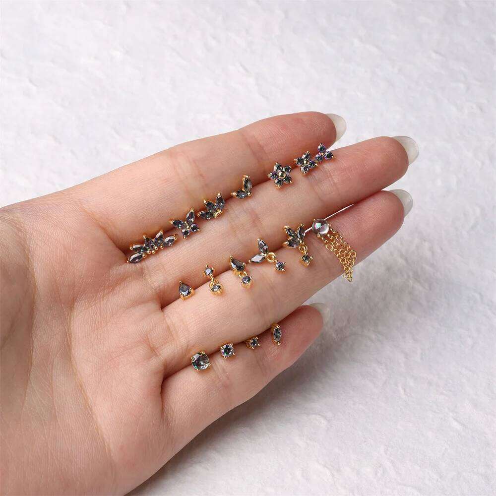 Aide Genuine Gleaming Rainbow Quartz Stone 925 Sterling Silver Stud Earrings Women Fashion Statement Gemstone Piercing Jewelry